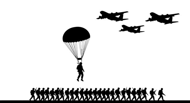 Military Paratrooper Jumps From Plane Over Soldiers Marching