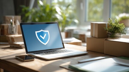 Fototapeta premium Sunlit desk with laptop shield displaying blue security icon on screen, cardboard boxes, potted plant, bright window light, ecommerce parcels, remote work setup conveying trust and protection