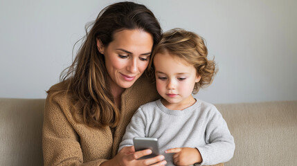 Fototapeta premium Mother and toddler sharing a moment, interacting with a mobile device, exploring content. Modern parenting and technology use