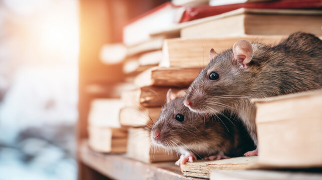 Two brown rats nesting in dusty old books, representing concepts of animal pests, hidden life, and knowledge decay