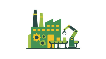 Naklejka premium Modern industrial manufacturing plant vector illustration with robotic arm, conveyor belt, and gears, representing automated production, smart factory technology, and efficient warehouse logistics.