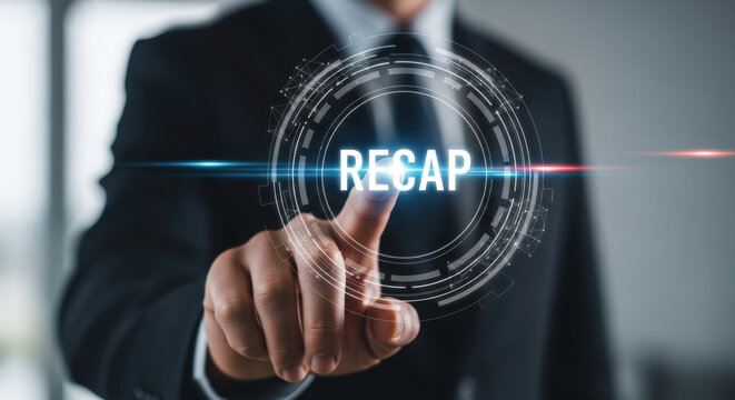 Recap on Digital Screen Displayed with Businessman Touching the Virtual Button Technology Concept of Review Summary Briefing Meeting