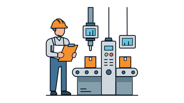 Flat vector icon illustration of an industrial manufacturing plant production line featuring a factory worker with a clipboard, automated conveyor belt, robotic machinery, and smart systems.