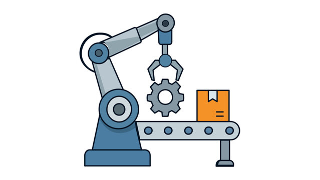 Automated industrial manufacturing plant vector icon illustration featuring a robotic arm assembly line, production control system with conveyor belt, mechanical gear, and shipping box package.