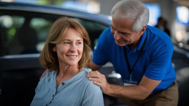 Side shot of a caregiver helping a senior with limited mobility into a car seat, holding the patient&rsquo;s hand and providing shoulder support, clean and safe vehicle interior visible,