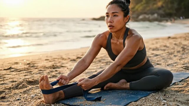 a close-up of the asian female fitness enthusiast as she stretches with resistance bands, showcasing her determination and the texture of the sandy beach. the warm