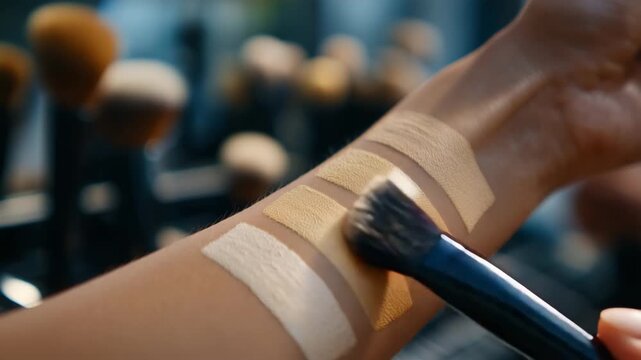 Side-profile close-up of arm with multiple swatches, subtle blending showing undertones, blurred brushes and cosmetics behind, studio lighting enhancing texture, foundation shades