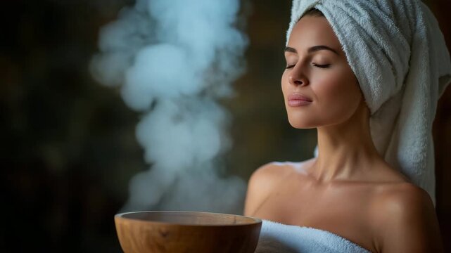 Side-profile close-up of woman inhaling steam from wooden bowl, towel covering hair, glowing skin illuminated by ambient light, spa accessories blurred behind, aromatherapy and fac