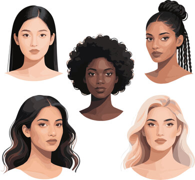 Create a realistic kinds of deferent beautiful woman vector art with white background.