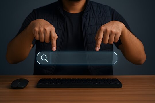 Man sitting at a desk with a glowing search bar hovering above the keyboard and mouse