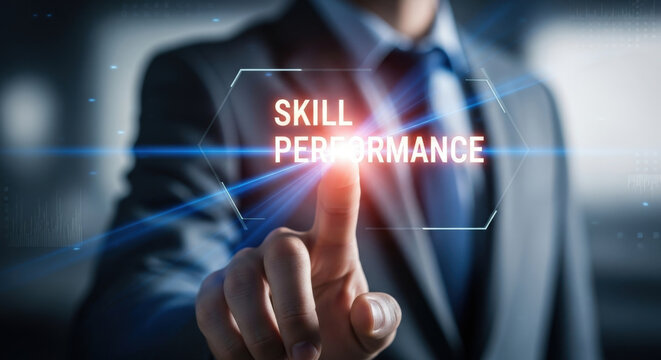 Skill Performance Improvement Concept Businessman Touching Screen with Skill Performance Text Business Development and Expertise