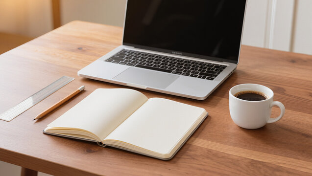 Minimalist Home Office Workspace with Open Notebook and Laptop
