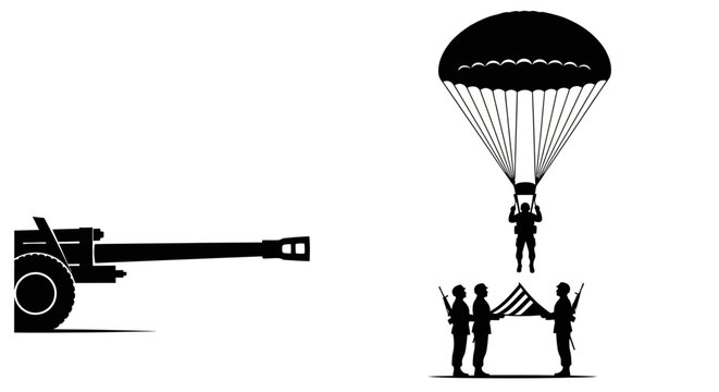 Paratrooper Landing with American Flag and Artillery Gun Silhouette