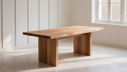 Fototapeta premium Minimalist Solid Oak Dining Table in Bright Sunlit Room