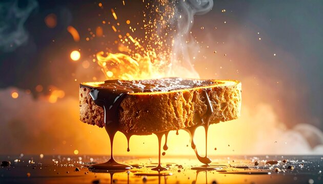 A burning chocolate cake explodes with fire and smoke on a table.