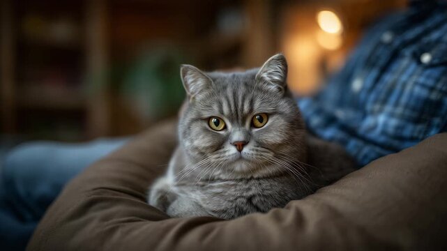 Soft cinematic interior scene of a content man bonding with his grey British Shorthair, seated casually in a fabric beanbag chair, cat comfortably nestled on his lap, fine fur deta