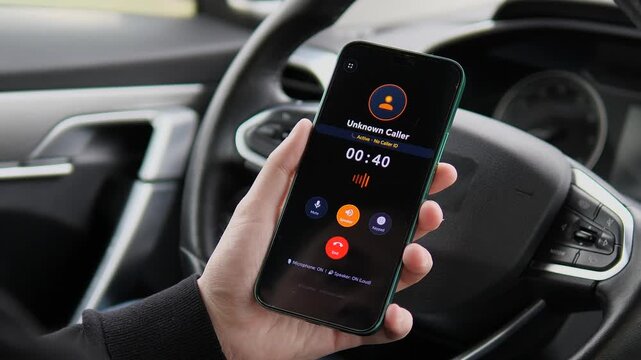 Close-up of an Unknown Caller on a smartphone screen inside a car. Active call with No Caller ID message. Ideal for scam awareness, digital privacy, and mystery concepts. Professional automotive