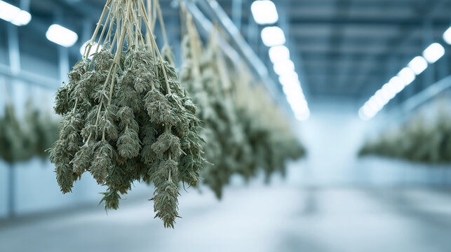 Cannabis buds drying in a specialized production facility, hanging from strings for controlled processing