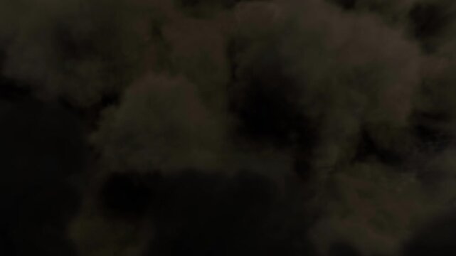 Close-up ground view of a Massive Billowing Explosion or Blast going to Camera with very dense Smoke fast Shockwave and many Trails on a black Background