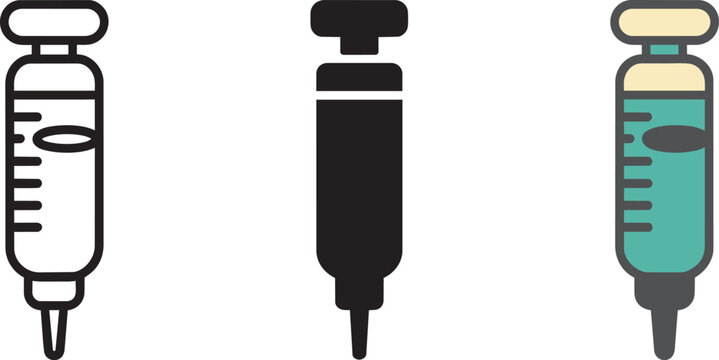 Three syringes in different styles, medical and research icons for syringe and flu shot