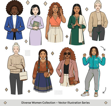 Create a realistic kinds of deferent unique woman vector art with white background.