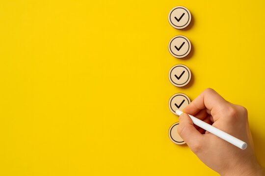 Hand holding a pen marks a checklist on a bright yellow background with four checkmarks.