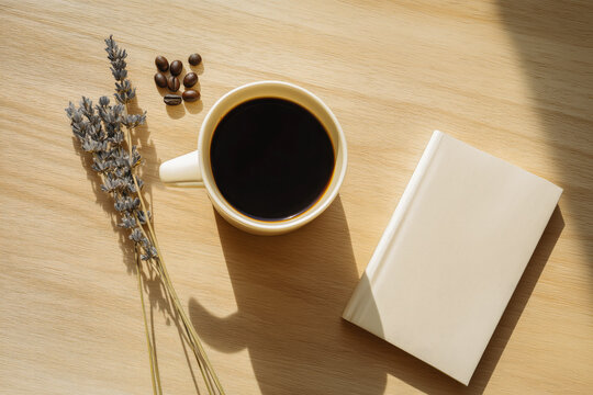 Coffee Mug Flat Lay with Lavender Dried Flowers Coffee Beans and Notebook on Wooden Table