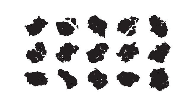 Set of organic abstract shapes representing islands or map fragments for creative layout design and geography infographics.
