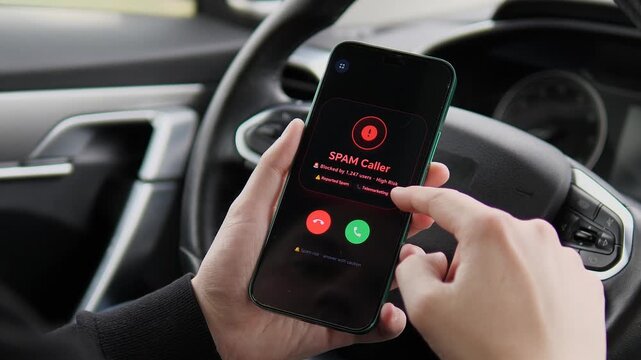 Close-up of a high-risk SPAM caller warning on a smartphone screen. Person holds the phone with a scam alert notification in a car. Ideal for cybersecurity, digital safety, and fraud prevention