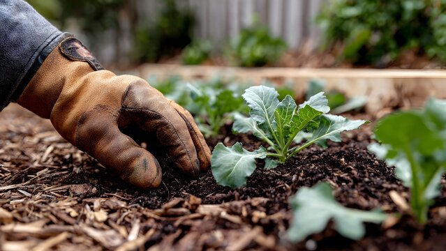 Close-up of a gardener&rsquo;s calloused but gentle hand spreading mulch around small kale seedlings in a wide garden bed