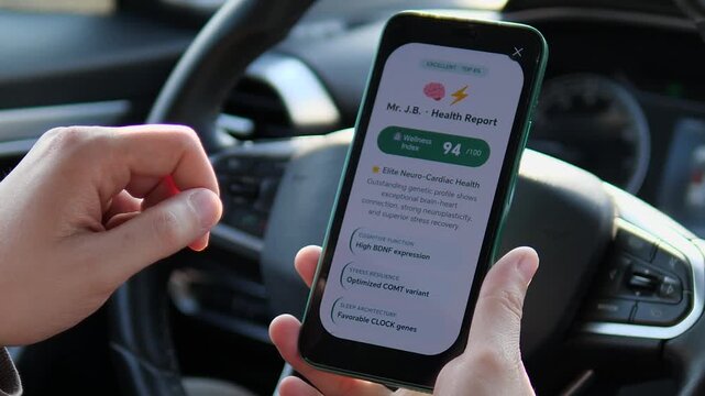 Close-up of a user checking a personalized DNA health report on a smartphone. UI reveals genetic wellness index and health scores. Ideal for biotech, future medicine, and digital healthcare concepts.