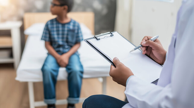 Doctor holding clipboard, writing notes during consultation with young child patient in medical clinic