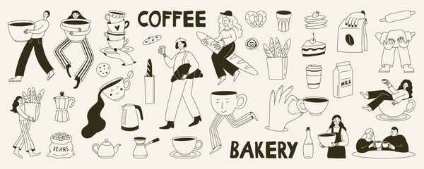 Fototapeta na wymiar Hand drawn coffee and bakery illustration set in cute doodle style. Includes cups, croissants, cakes, bread and man, woman barista characters. Perfect for cafe menu, poster, sticker, brunch design.
