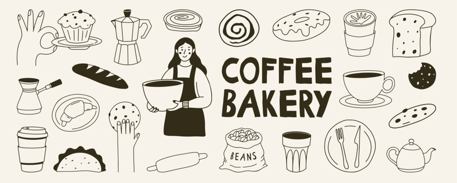 Hand drawn coffee and bakery illustration set with people and characters. Includes cups, croissants, donuts, muffins and drinks in minimal doodle style. Perfect for cafe menus, restaurant branding