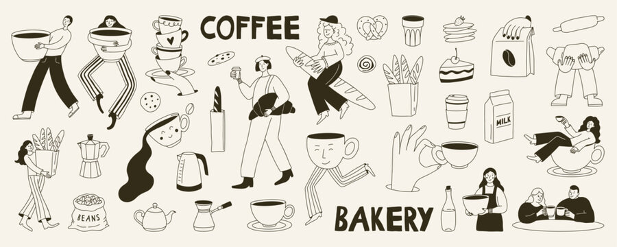 Hand drawn coffee and bakery illustration set in cute doodle style. Includes cups, croissants, cakes, bread and man, woman barista characters. Perfect for cafe menu, poster, sticker, brunch  design.