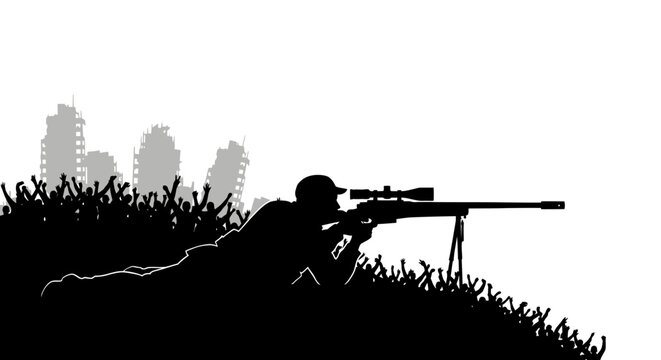 Sniper silhouette in camouflage, aiming rifle from grass, ruined city background, war concept