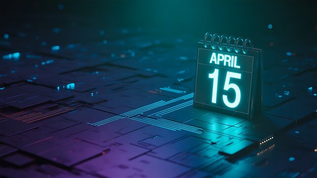 April 15 calendar date reminder with digital cube on futuristic technology background