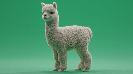 Fototapeta premium A cute, fluffy alpaca stands against a vibrant green background, showcasing its charming demeanor and soft wool.