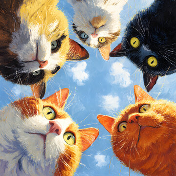 Group of colorful cute cats standing in a circle and looking down, low angle fish-eye perspective illustration