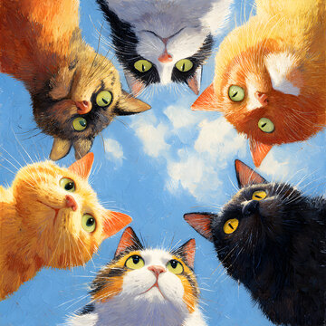 Group of colorful cute cats standing in a circle and looking down, low angle fish-eye perspective illustration