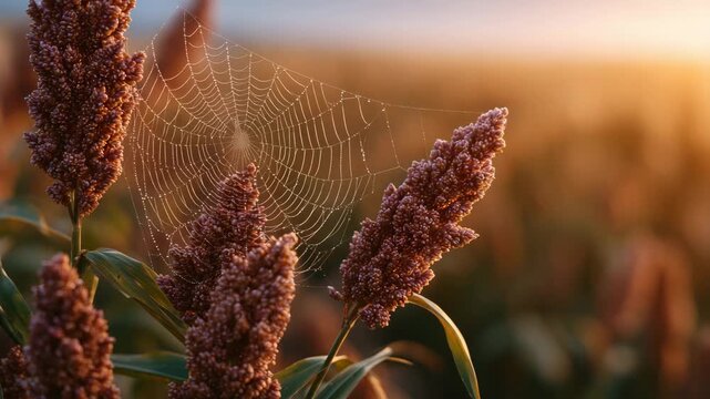 Sunlit sorghum panicles heavy with maturing seeds swaying slowly above a rural field, delicate spider silk threads glistening with light between the clusters, warm golden hour illu
