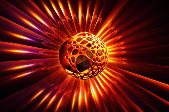 Bright orange sphere with radial glowing rays and energy emission. Abstract dynamic power concept.