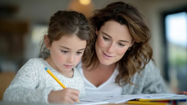 Supportive mother reviewing her daughter&rsquo;s schoolwork at a wooden desk, both focused on a workbook filled with exercises, pencils, eraser and ruler neatly arranged, bright natural