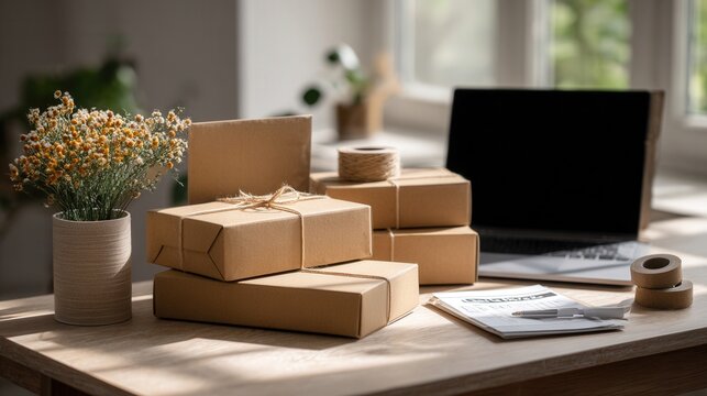 Stacked parcel boxes on wooden desk, indie seller packing online orders in cozy home office, laptop open with shipping label, kraft paper and twinewrapped packages, plant in background, natural