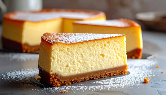 A creamy cheesecake slice with a graham cracker crust