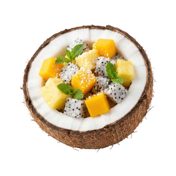 Fresh tropical mango and black sapote fruit chunks in coconut shell isolated on transparent background
