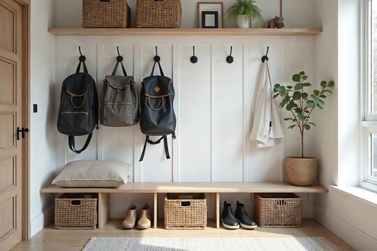 Calm mudroom with backpacks baskets a shoe bench and neatly arranged daily essentials