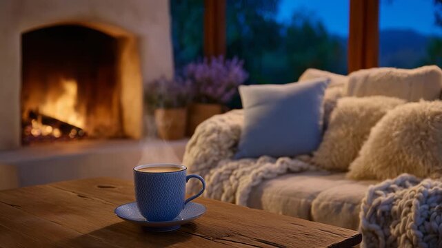 Warm nighttime living room, glowing fireplace casting soft flickering light across a wooden coffee table with steaming cup of coffee, plush sofa with fluffy pillows and a knitted b