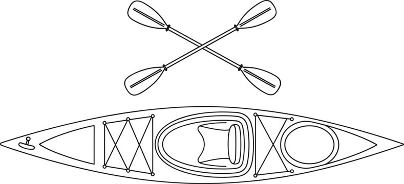 Kayak and crossed paddles outline vector illustration, top view canoe with gear line art isolated on white background