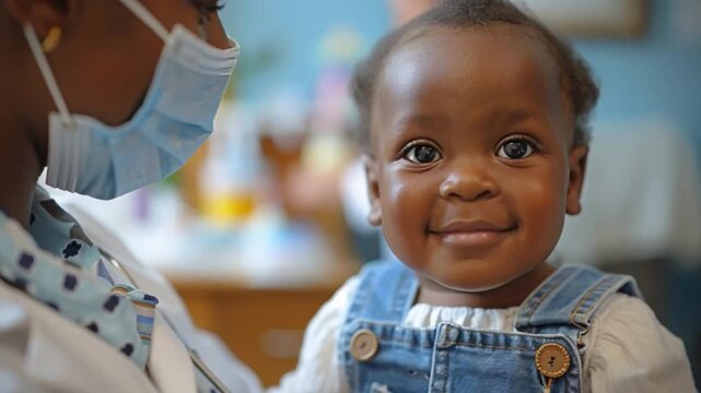 A nurse or pediatrician gently cradles a smiling infant during a routine medical checkup at a clinic, offering reassurance in a warm atmosphere, easing the baby's potential distress